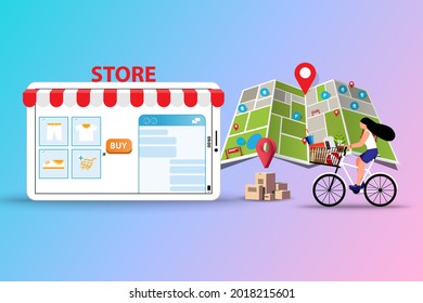 Concept of online to offline shopping, young women ride a bicycle to pick up the goods at store in a background of map and marker in perspective view.