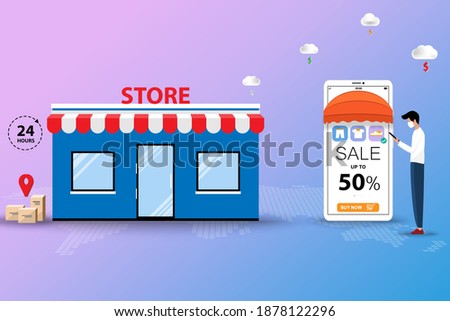 Concept of online to offline shopping, young man wear a medical face mask and hold a smartphone to order a new shoe and going to pick up at store in pink and blue shade background.