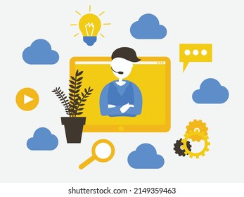 The concept of an online operator at work, technical support for a website. Flat modern vector illustration. Male hotline operator.	