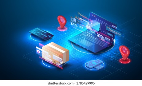 El concepto de pedidos en línea y entrega de artículos desde laptop. Envío del paquete de entrega de respuesta rápida en el portátil. Seguimiento de pedidos en línea. Concepto de comercio electrónico. Servicio de entrega. Ilustración del vector