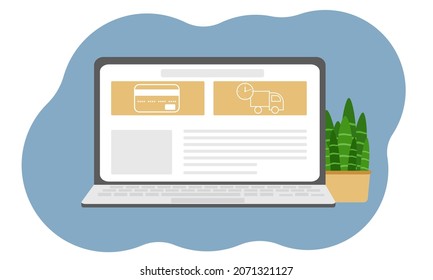 The concept of online ordering and delivery of goods from a laptop. E-commerce concept. Delivery service. Vector flat illustration