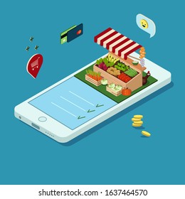 Concept of online ordering of farm products. Mobile phone with an image of a shopping tent in isometry. Stock vector graphics