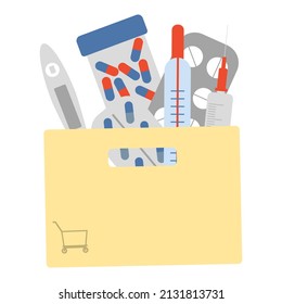 El concepto de pedidos online en una farmacia. Un ícono de la canasta para pedir medicamentos en una farmacia en línea. Ilustración vectorial plana sobre fondo blanco. Para impresión, diseño web.