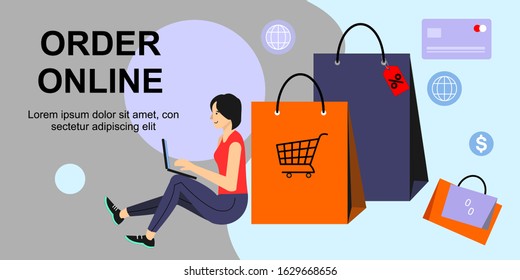 The concept of online orders, web templates, and posters in flat style. Woman with a laptop. Vector illustration.