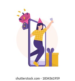 the concept of online parties and virtual celebrations. illustration of a woman partying or celebrating a party and appears from the smartphone. trumpets and gifts. people are happy and dancing. flat 