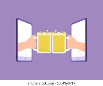 The Concept Of Online Parties And Virtual Celebrations. Illustration Of A Hand Emerging From A Smartphone And Holding A Soda Or Beer And Toast. Cheers Or High Five By The Glass. Flat Style Design