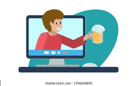 Concept online party with beer. Cheerful man with glass of foam ale climbs out of computer monitor, laptop. Oktomberfest at home. Vector flat illustration. Social network. virtual pub