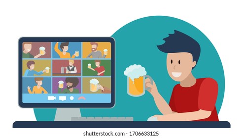 Concept of online party with beer. Teleconference with friends. Oktomberfest at home during quarantine. Young man with glass of foamy cheers with people on computer monitor. Vector flat illustration.