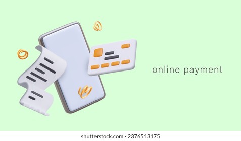 Concept of online payment by phone. Smartphone with empty screen, credit card, receipt. All financial statements in one application. Cashless modern settlement. Electronic commerce