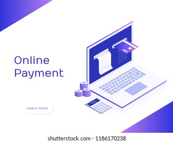 Concept of online payment. Electronic bill and online bank, laptop with check tape and payment card. Modern 3d isometric vector illustration.