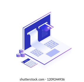 Concept of online payment. Electronic bill and online bank, laptop with check tape and payment card. Modern 3d isometric vector illustration.