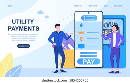 Concept of online payment utilities. Interface of mobile app or application, website, webpage on smartphone. Cartoon flat vector illustration