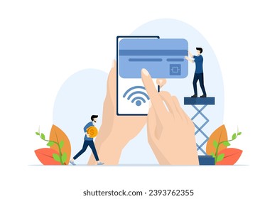 The concept of online payments, mobile banking, e-wallet, e-commerce, transactions, purchases, payments with payment cards through wireless electronic wallets on the phone, Shopping via phone and conn