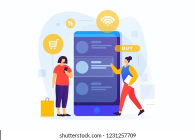 Concept of online payments, mobile shopping. Online shopping. Image of young girls at the screen of a smartphone shopping through a mobile application. Vector flat illustration.