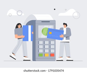 Concepto Pagos en línea para página web, bannerd, publicidad, aplicación, página de inicio. Hombre y mujer parados en la terminal Pos confirman el pago con tarjeta de crédito de débito. Ilustración vectorial de estilo plano.