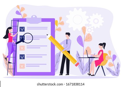 Concept of online polling and survey. Office people filling online survey form on paper note, to do list on laptop. Online survey technology. Vector for UI, web banner, social media, landing page.