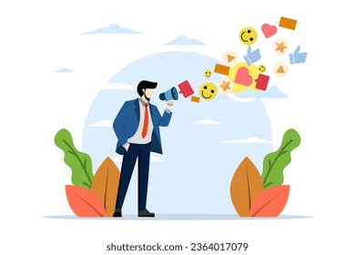 concept of online promotion or email newsletter, PR, public relations or marketing communications, advertising campaign or social media marketing, people talking through megaphone on social media.