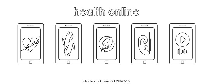 The concept of online psychology. Black and white icon with a picture of a phone and a flower, a heart and a play icon symbolizing mental health