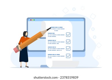 Concept of online questionnaire on a computer, electronic voting, online survey regarding the quality of a product or service, online testing, a person marking tasks in a digital checklist.