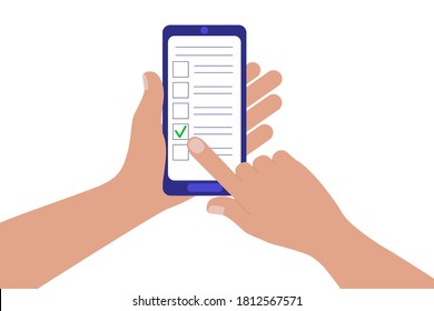 Concept of online questionnaire, quiz, survey. Hand holding mobile phone, forefinger touching vertical screen and marking option. Vector illustration in flat style