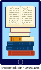 Concepto de lectura online de libros digitales en las pantallas de smartphones y tablets. Biblioteca digital. Simple ilustración vectorial plana.