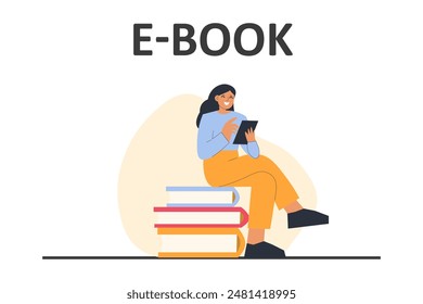 Concept of online reading or library, e-book, online education. World book reading day cute illustration for web banner, poster. Vector