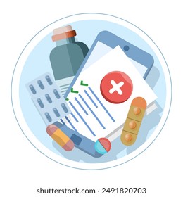 Concept of online registration of medical prescription form with health result data and approved check mark on mobile phone, healthcare checklist document on modern smart phone, vector illustration.