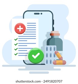 Concept of online registration of medical prescription form with health result data and approved check mark on mobile phone, healthcare checklist document on modern smart phone, vector illustration.