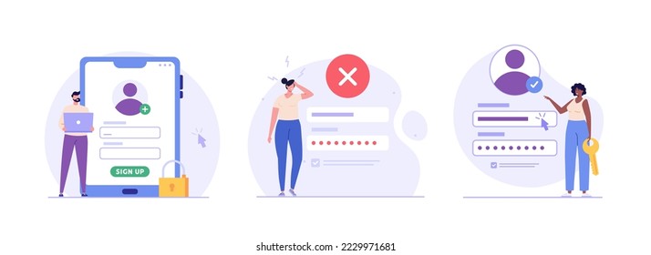 Concept of online registration, sign up, forgot password. Registration sign up. People register new account. Duo verification account. Vector illustration set in flat cartoon design UI mobile app