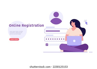 Concept of online registration, sign up, user interface. Registration sign up. Woman creates new account. Users use secure login password. Vector illustration in flat cartoon design UI mobile app