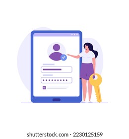 Concept of online registration, sign up, user interface. Registration sign up. Woman creates new account. Users use secure login password. Vector illustration in flat cartoon design UI mobile app