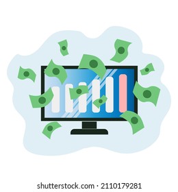 The concept of online rewards, exchanges with a monitor. Online cash winnings in the app or on the site. Flat style vector illustration isolated on a white background.