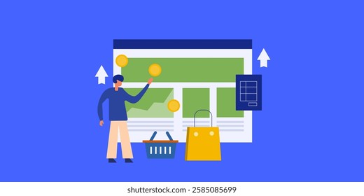 Concept of online sales, eCommerce website making money online, eCommerce advertising generating sales - vector illustration background with character