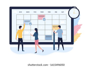 Concept of online schedule planning. Scheduling work for the week, time management, business meetings, calendar. Flat vector illustration on white background. Web banner, infographic, template.