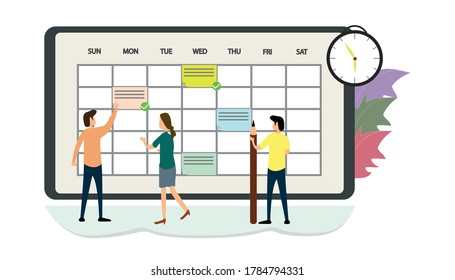 Concept of online schedule planning. Scheduling work for the week, time management, business meetings, calendar. Flat vector illustration on white background. Web banner, infographic, template.