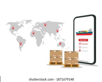 The concept of online shipping service using cargo ships. Vector illustration