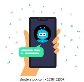 Concepto de conversación en línea con chatbot. Mano sosteniendo un teléfono móvil. idea de diálogo automático en internet. Ilustración vectorial, estilo plano. apoyo técnico.