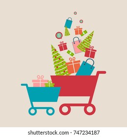 Concept of online shop, e-commerce store, internet shop vector illustration, isolated , smartphone  as ecommerce online store with shopping cart .Christmas shopping. Vector illustration. Eps 10.