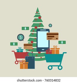 Concept of online shop, e-commerce store, internet shop vector illustration,  smartphone  as ecommerce online store  .Christmas shopping. Vector illustration. Eps 10.