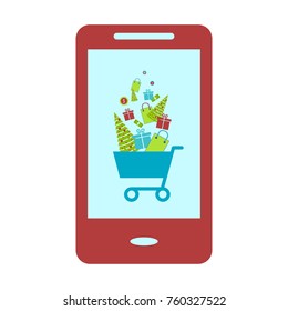 Concept of online shop, e-commerce store, internet shop vector illustration, isolated , smartphone  as ecommerce online store with shopping cart .Christmas shopping. Vector illustration. Eps 10.