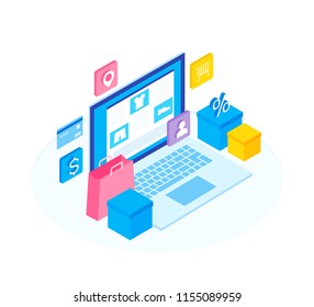 Concept of online shop. Setup the functions online store. Isometric image of smartphone, bank card and shopping bag on white background. Modern flat design vector illustration.