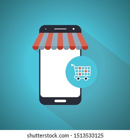Concept of online shop, online shopping. Isometric image of phone, Blue theme concept.