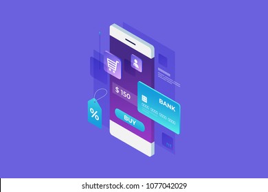 Concept of online shop, online shopping. Online payment for goods. Isometric image of smartphone, bank card and tag on blue background. 3d flat design. Vector illustration.