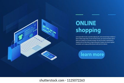 Concept of online shop, online store. Transfer money from card. Isometric  laptop, Bank card and shopping bag on blue background. 3d isometric vector illustration. Smart phone online shopping concept