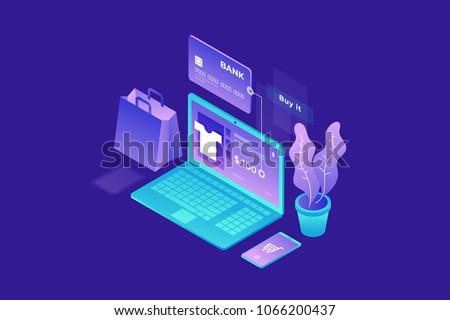 Concept of online shop, online store. Transfer money from card. Isometric image of laptop, Bank card and shopping bag on blue background. 3d flat design. Vector illustration.