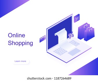 Concept of online shop. Transfer money from card. Isometric image of laptop, bank card and shopping bag on white background. 3d flat design. Modern vector illustration.