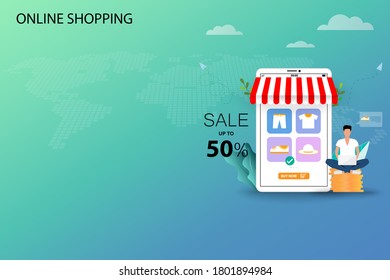 Concept of online shopping, businessman is sitting on a big golden coin stack in front of smartphone that contain discount rate and list of products to order a new shoe in blue green shade background.