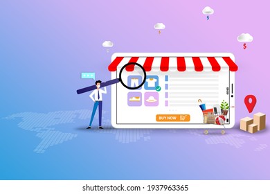 Concept of online shopping, businessman wear a white face mask and hold a big magnifier to focus on the screen of tablet to order a new shirt in blue and pink color background.