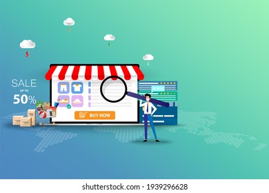 Concept of online shopping, businessman wear a white face mask and hold a big magnifier to focus on the screen of laptop to order a new shoe in green shade color background.