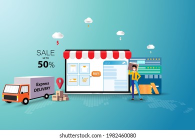 Concept of online shopping, businessman wear a medical face mask and standing near a big screen of laptop to prepare the shipment which the customer ordered from website.
